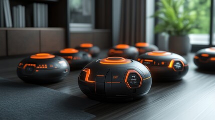 Futuristic glowing orbs scattered on wooden floor.