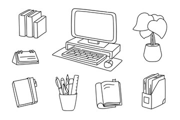 Set of hand drawn back school preparations doodle illustration. vector icons. pencil, calculation, book, paper, computer, planner, notes, bookshelf, plant, keyboard, mouse © Ita