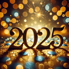 Golden Glittering 2025 Numbers with Sparkling New Year Celebration in Midnight Sky