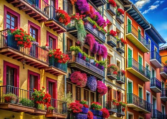 Fototapeta premium Pamplona's colorful houses, intricate balconies, and floral displays, captured in a double exposure.