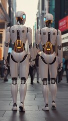 Two advanced humanoid robots stand side by side, holding hands sharing a love story of a distant future