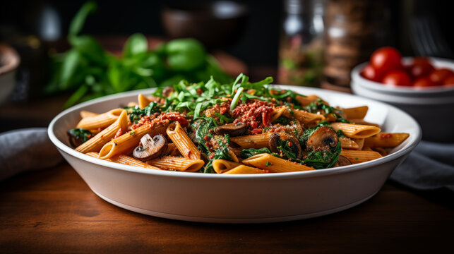 vegan pene dish, with tomatoes and mushrooms