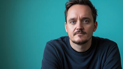 Obraz premium A man with a focused expression sits in front of a bright turquoise wall, showcasing his casual style