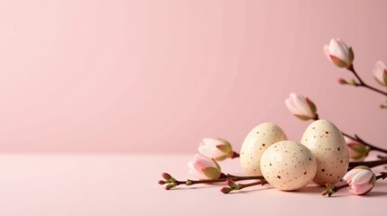 Pastel Pink Springtime Still Life Featuring Speckled Eggs and Delicate Blossoms