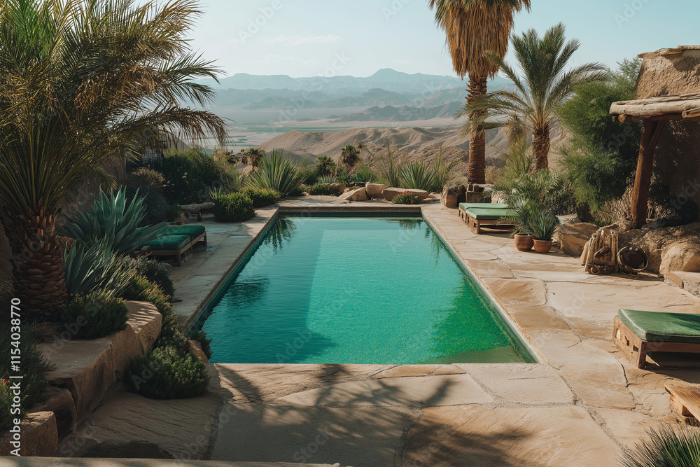Poster a calm desert oasis with a few palm trees and a vibrant blue pool