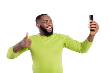 Portrait of pretty person having eyewear eyeglasses making photo video call holding device wearing green jumper isolated  over white background