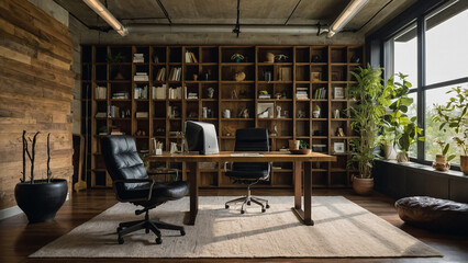 Modern in hipster style office interior with computers, chairs and shelves with folders. Workplace and company concept. 3D Rendering