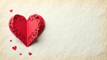 A delicate red paper heart with intricate cut-out detailing, nestled amongst smaller hearts on a textured off-white background, creating a romantic and heartfelt scene.