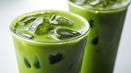 Refreshing frothy iced matcha latte coffee shop beverage indoor close-up shot