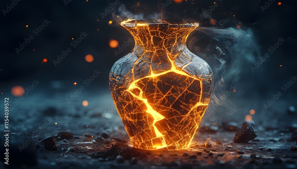 Poster Captivating Glowing Vase with Cracks Displaying Fiery Light in a Dark Atmosphere, Symbolizing Fragility and Transformation in Unique Artistic Style