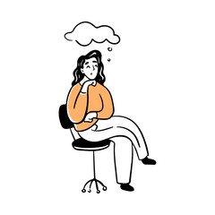 Manager or worker sitting on chair and thinking on problem solution. Vector flat cartoon character brainstorming, isolated female personage with thought bubble doodle, pensive young girl