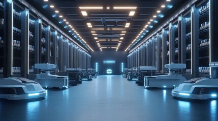 Automated Warehouse Robots: Futuristic Efficiency in Logistics. Automated guided vehicles (AGVs) streamline operations in a modern warehouse, enhancing productivity and precision.