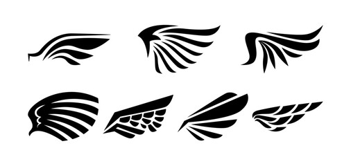 Stretching wings of animal, crow bird or fantasy creature. Vector isolated collection badges or logos costume element or game character asset. Feathered part for uniform or clothes of personage