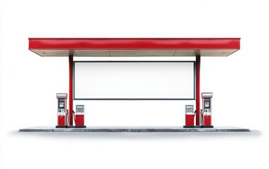 A mockup template of a blank billboard at the entrance to an oil station, set against a white background, perfect for design and advertising projects 