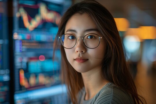 A woman with glasses observes stock market data displayed on screens in a contemporary trading setting