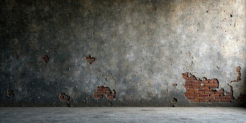 A weathered concrete wall with exposed brick reveals a sense of age and decay, offering a rustic backdrop for design projects or artistic expression.
