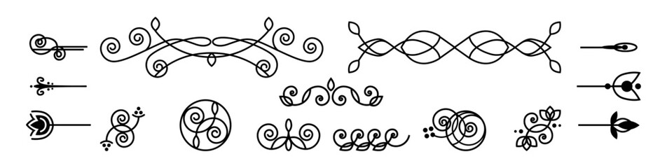 Vintage or retro ornaments for frames and borders. Vector isolated set of dividers and embellishment for typography and graphics, flowers and leaves swirls, leafage and foliage with circles