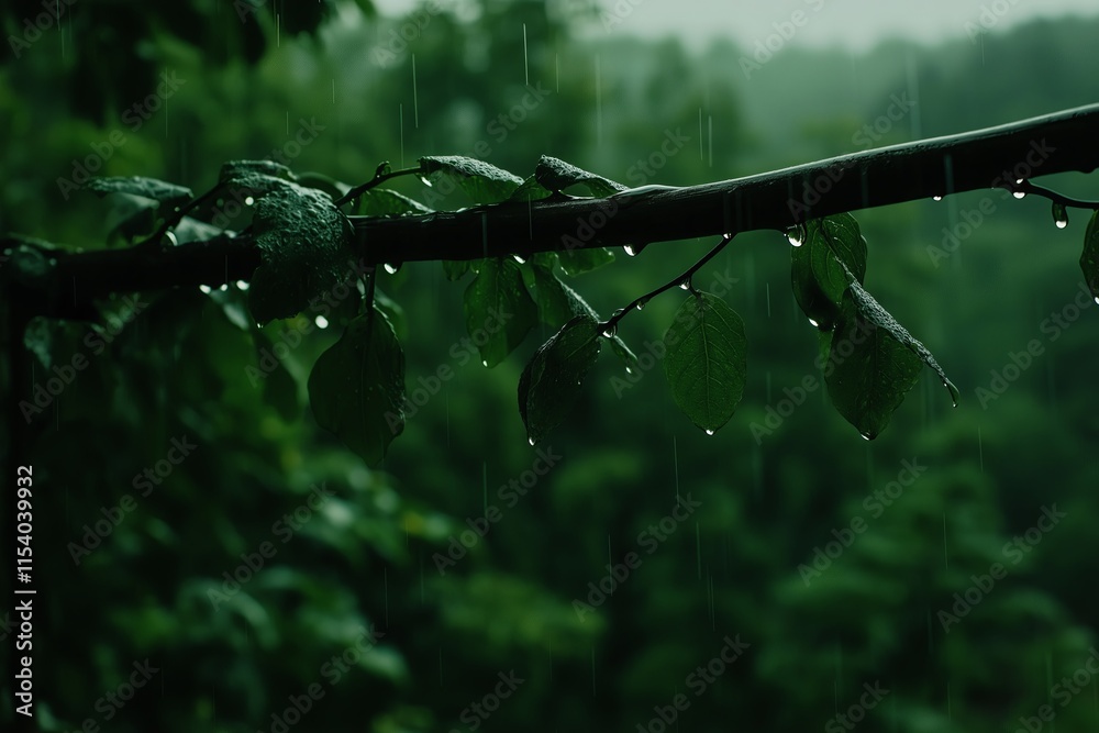 Poster a close-up of raindrops on a glass pane with blurred greenery in the background