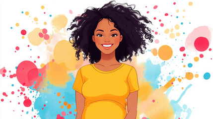 Pregnant woman in cartoon style, bright colors, happy and shiny.