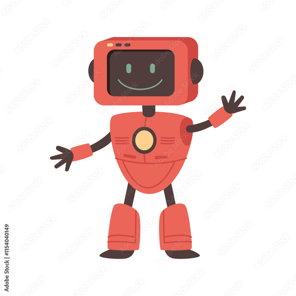 Fototapete Robot with friendly facial expression smiling and waving. Vector isolated humanoid character from future, android machine with artificial intelligence. Helper or assistance in business service