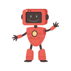 Robot with friendly facial expression smiling and waving. Vector isolated humanoid character from future, android machine with artificial intelligence. Helper or assistance in business service