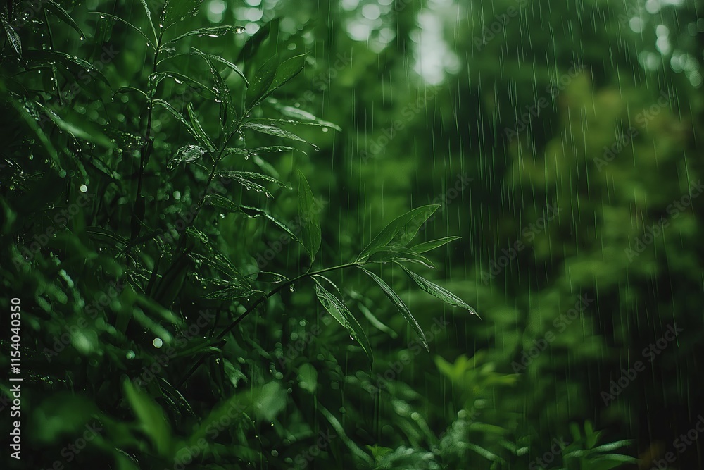 Poster a close-up of raindrops on a glass pane with blurred greenery in the background.