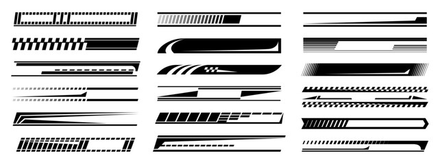 Sport racing stripes isolated set with copy space. Vector turbo power, speed and drift vinyl decal for car bike and truck. Stickers for vehicle tuning and upgrade, motor transport modification