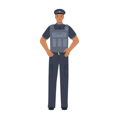 Bodyguard or policeman wearing protective bulletproof vest. Vector flat cartoon character, isolated man working in law enforcement. Officer man personage in uniform, guardian or special force