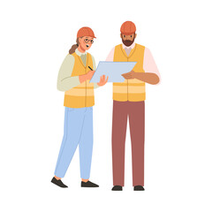 Engineers or geodetic surveyors, geodesists or construction workers in uniform looking at plan or scheme. Vector flat cartoon character with project results of description, planning activities