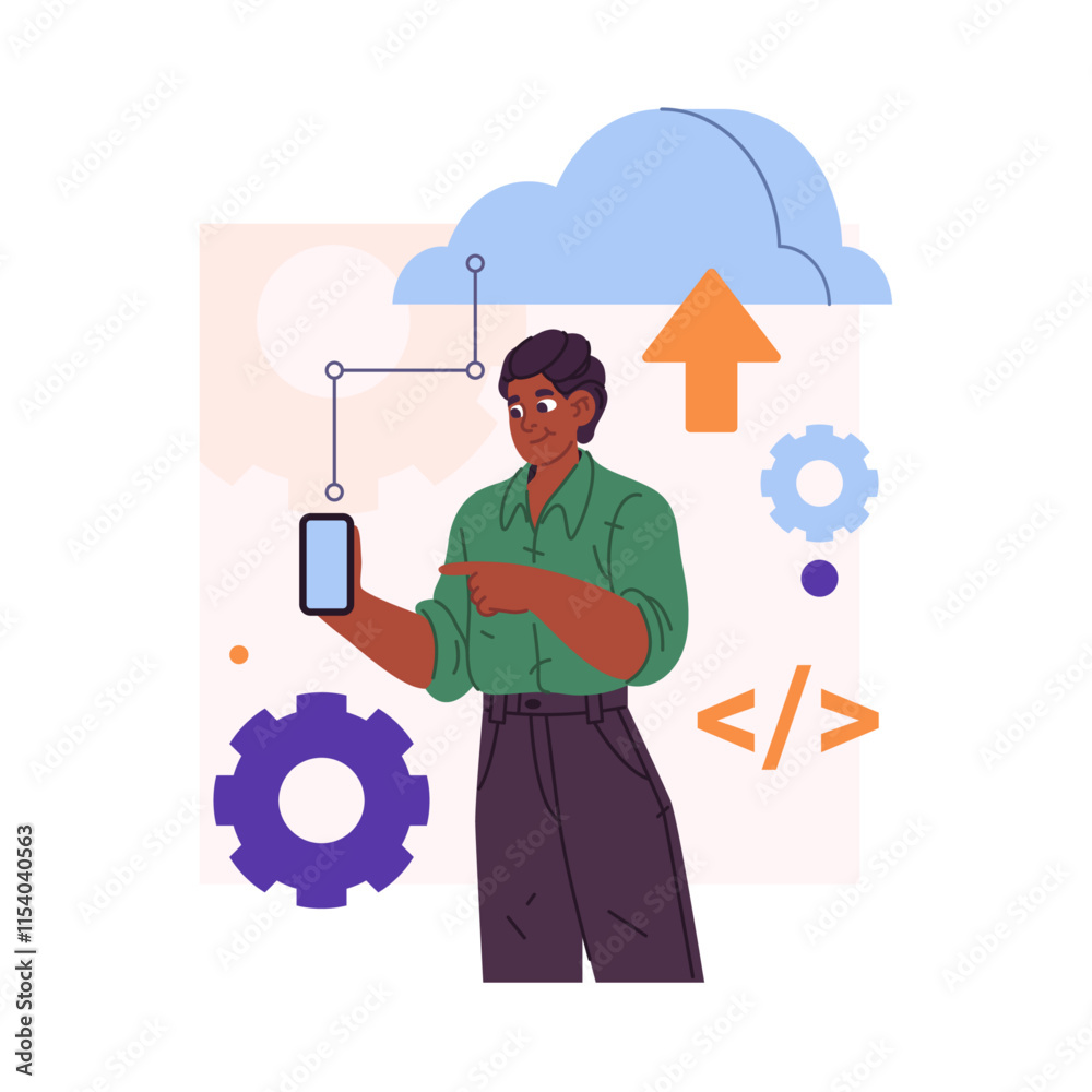 Aufkleber Male character connecting smartphone to cloud application. Vector isolated engineer configuring phone transmitting data and files, backup storage and safety for personal documents and info