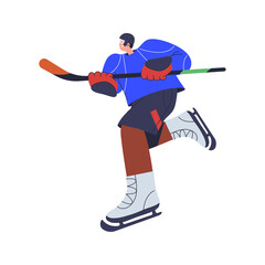 Fototapeta premium Hockey player skiing on rink with stick, flat cartoon vector illustration. Isolated sportsman with equipment wearing uniform for game. Recreation and professional sports practicing