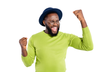 Portrait  of delighted guy raising fists screaming shouting yeah wearing eyeglasses eyewear isolated over white background