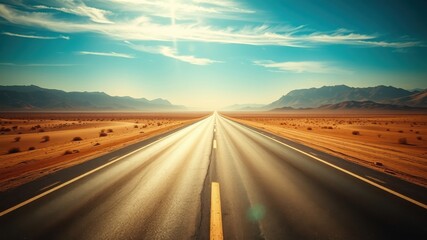 Fototapeta premium A long, straight highway cuts through a vast, sun-drenched desert landscape, flanked by majestic mountains under a bright, clear sky.