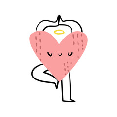 Heart shaped cartoon character with peaceful facial expression doing yoga or meditating. Vector isolated geometric shape personage with nimbus, arms and legs. Cute mascot or emotion for kid studying