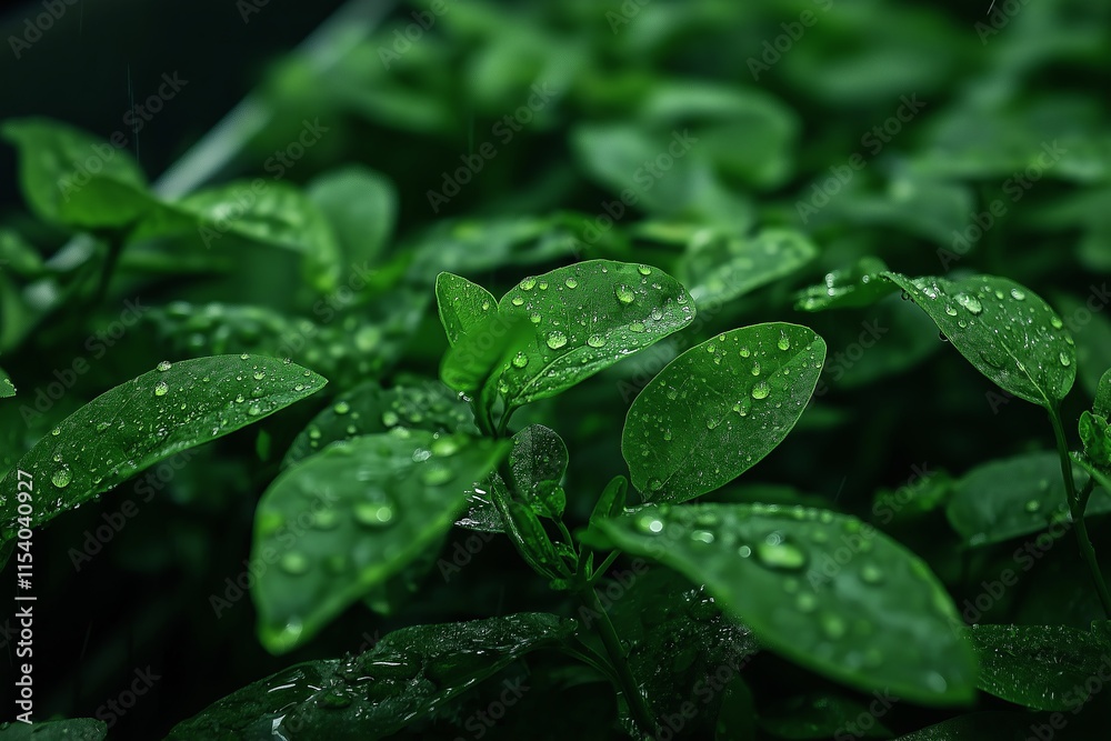 Poster a close-up of raindrops on a glass pane with blurred greenery in the background.