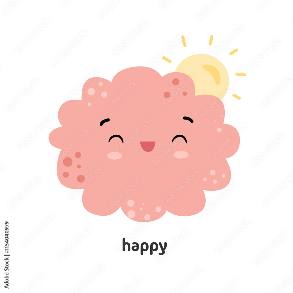 Poster Abstract character facial expression with smile and closed eyes. Vector isolated fluffy cloud with sunshine on back. Joyful and glad, positive and smiling personage, geometric shape