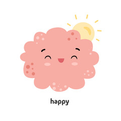 Abstract character facial expression with smile and closed eyes. Vector isolated fluffy cloud with sunshine on back. Joyful and glad, positive and smiling personage, geometric shape