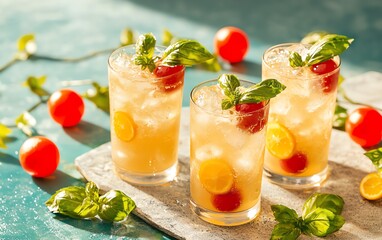 Fototapeta premium Refreshing cocktails with fruits and herbs, on a lively table setting.