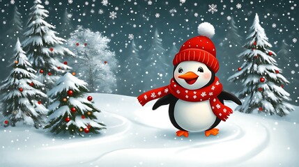 Obraz premium Cute penguin in winter wonderland.