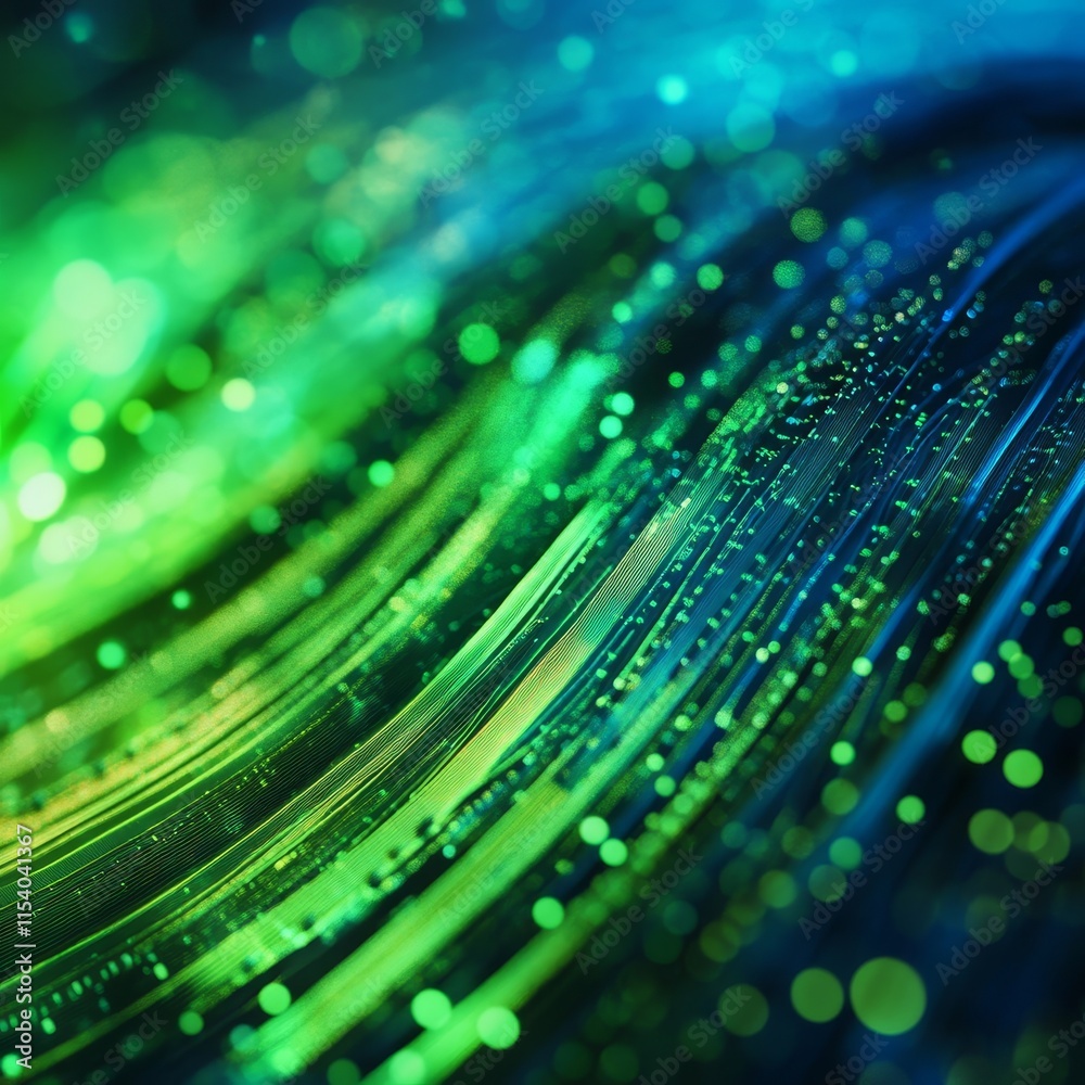 Poster abstract representation of vibrant green and blue waves with glowing particles creating a dynamic vi