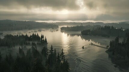 Serene sunrise over misty lake and islands.