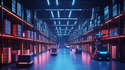 Futuristic Automated Warehouse: Neon-lit aisles with robotic forklifts and AGVs efficiently moving goods. A glimpse into the future of logistics and supply chain management.