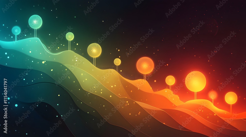 Poster Abstract Landscape with Geometric Lights and Waves Creating a Vibrant and Colorful Scene with a Gradient Effect of Orange, Green, and Blue Tones