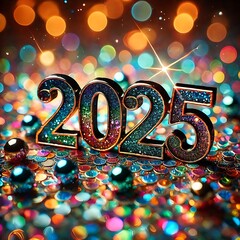 Illuminated 2025 Numbers with Sparkling Golden Lights and Bokeh Background for New Year Celebration