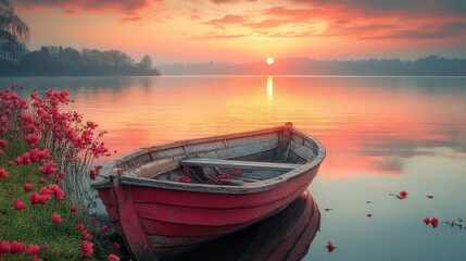 Obraz premium A serene sunset over a lake with a red boat and blooming flowers along the shore.