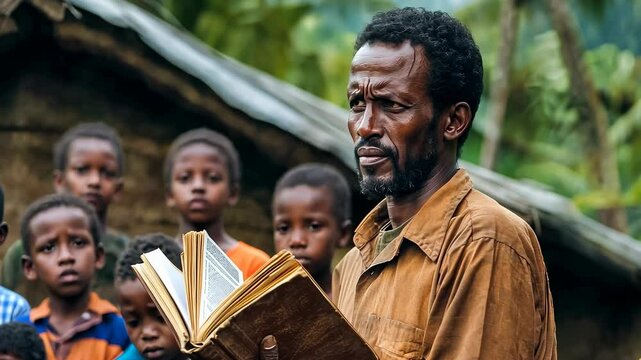A middle-aged African man, deep in thought, reads a book in a rural village as a group of curious children, both boys and girls, intently watch him. The scene exudes warmth and community spirit.