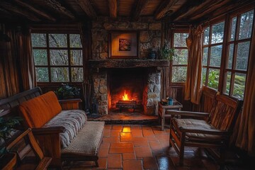 Cozy rustic cabin interior with fireplace, warm lighting, and wooden furniture.