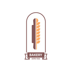Wheat ear and rolling pin, ribbon with copy space for bakery shop name. Vector isolated logotype for baker business. Organic pastry and delicious buns, baguettes and tasty local production