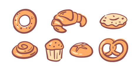 Bakery shop production, isolated set of simits and croissants, buns and croissants, pretzels. Vector yummy doughnut from store, grocery assortment. Farm made organic meal for dieting nutrition