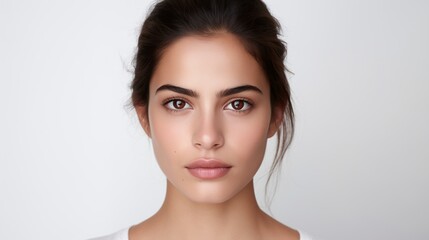 Fototapeta premium Portrait of a Beautiful Serious Brunette Woman With Natural Makeup and Soft Facial Features Against a Light Background, Ideal for Beauty and Fashion Projects